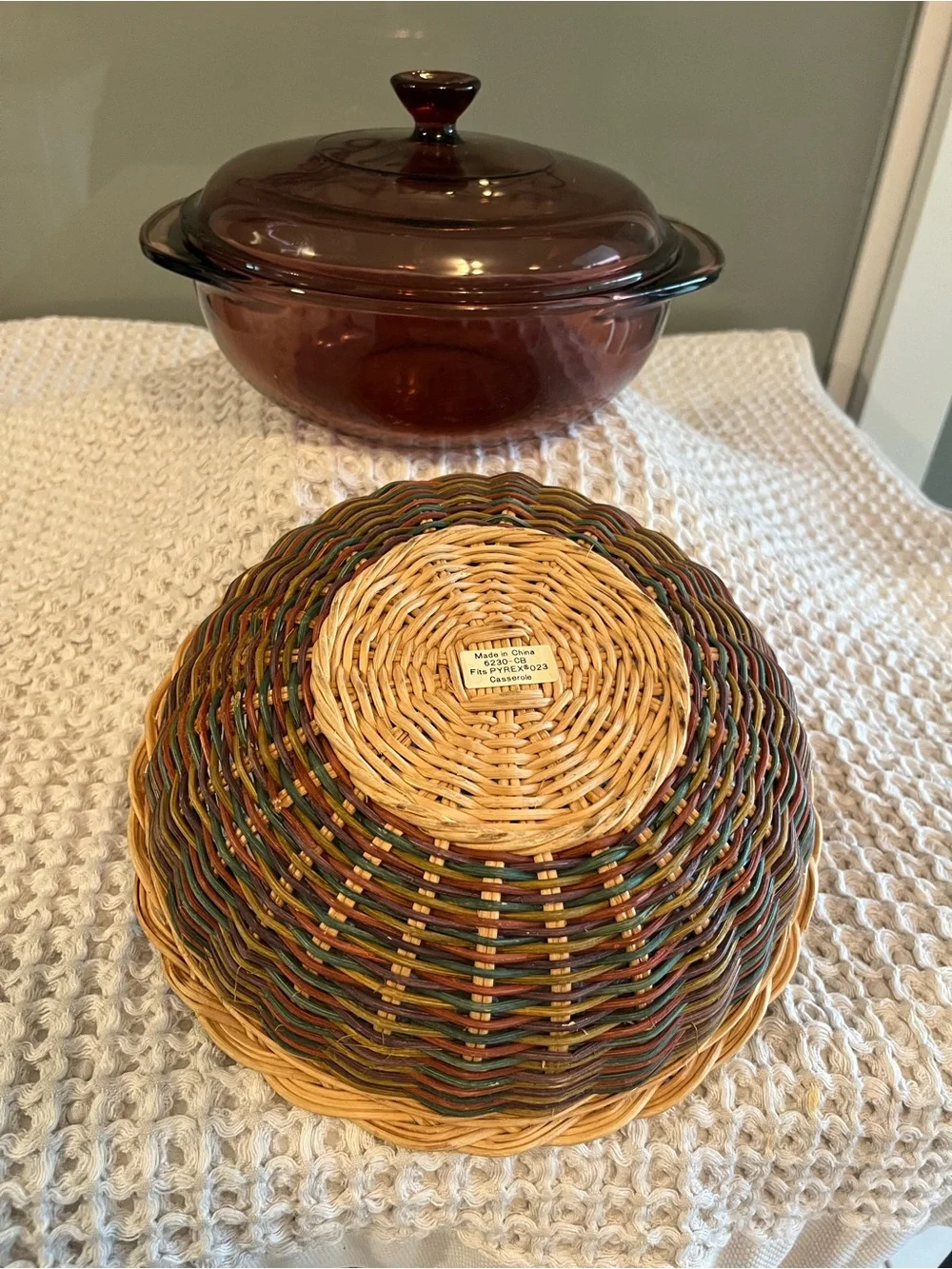 Vintage Pyrex Amber Glass Covered Casserole  with Woven Basket 409